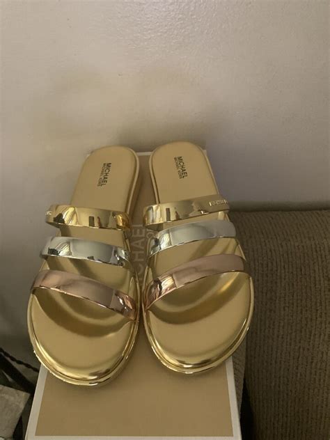 michael kors keiko slide sandals gold silver new|michael kors white platform sandals.